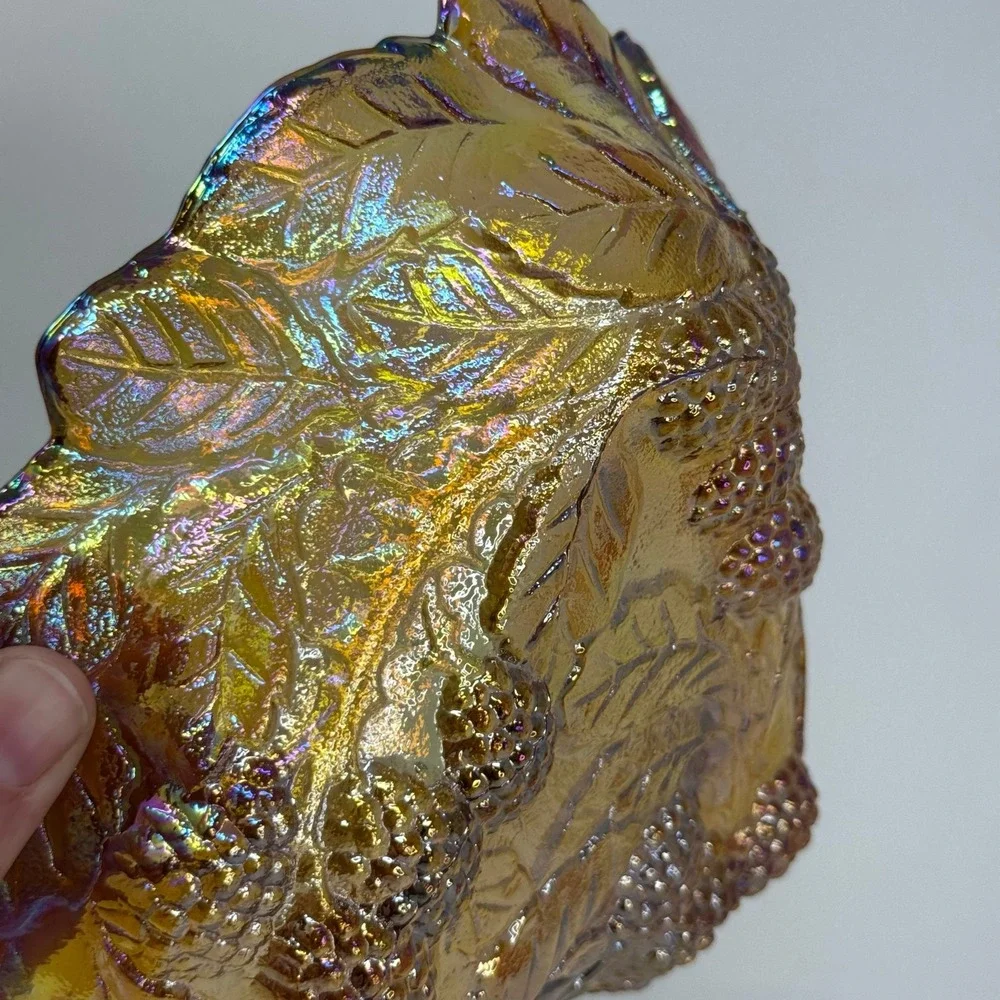 Vintage Amber Carnival Glass Triangle Leaf Berry‎ Candy Dish Bowl Shimmer Retro